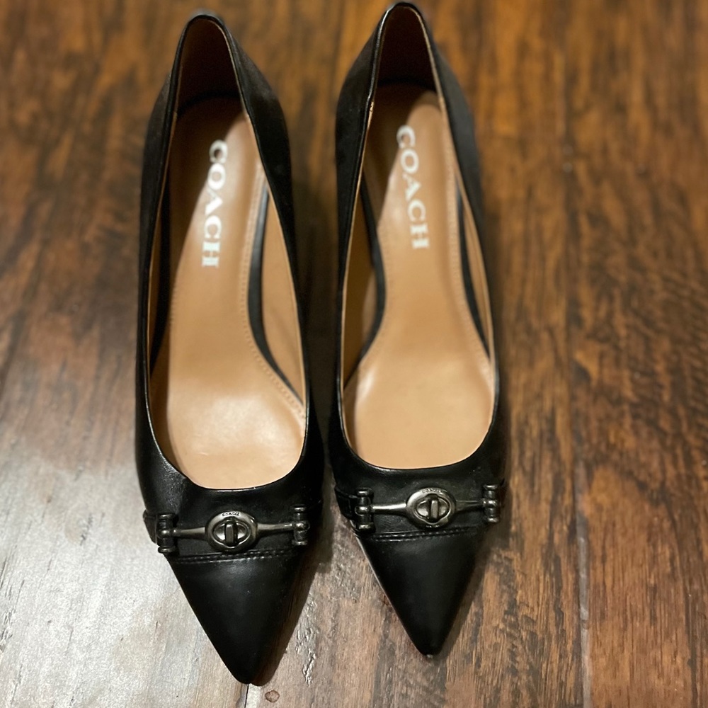 Black Leather Coach Buckle Heels - brand new!